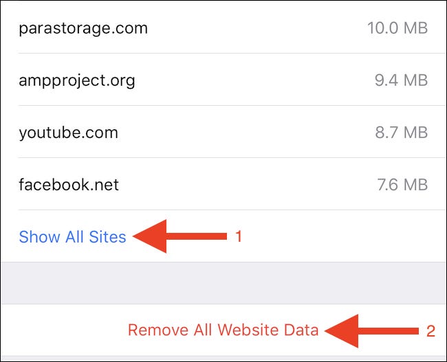 Tap Show All Sites or Remove All Website Data