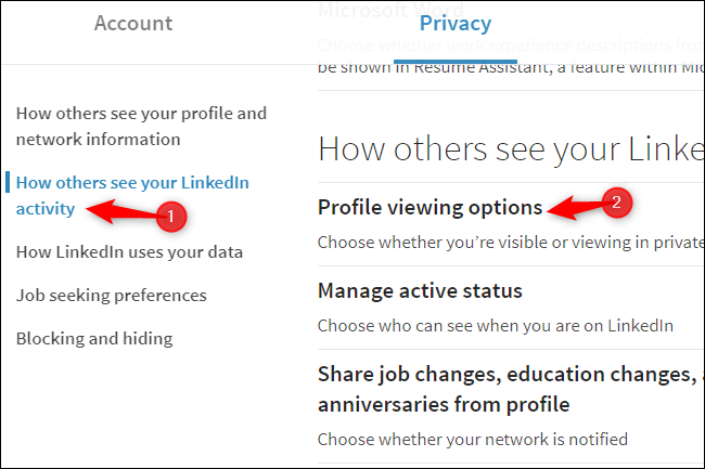 LinkedIn profile viewing privacy options