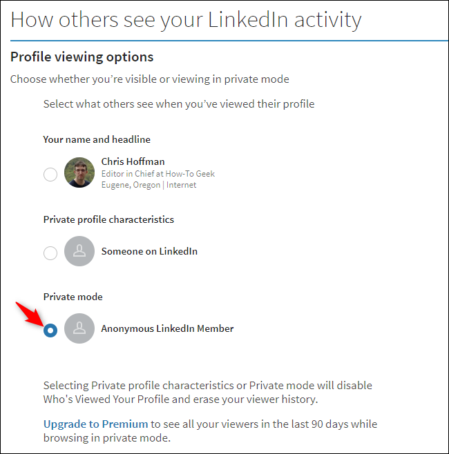 Option to stop LinkedIn from sharing your name with someone when you view their profile