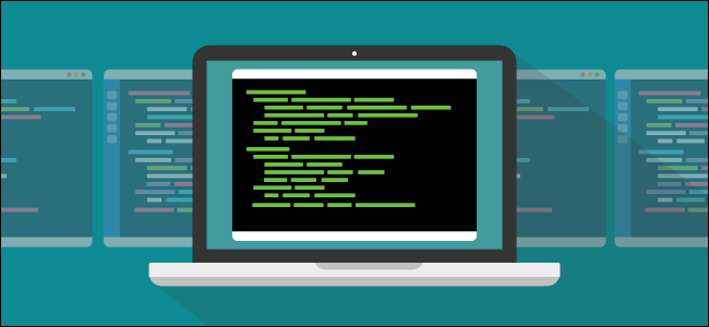 A stylized Linux terminal with lines of green text on a laptop.