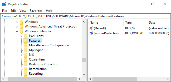 Tamper Protection setting in the Windows Registry