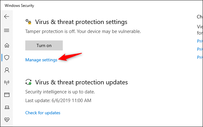 Manage settings link for Virus & threat protection settings