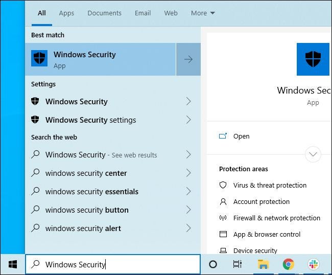 Windows Security shortcut in Start menu