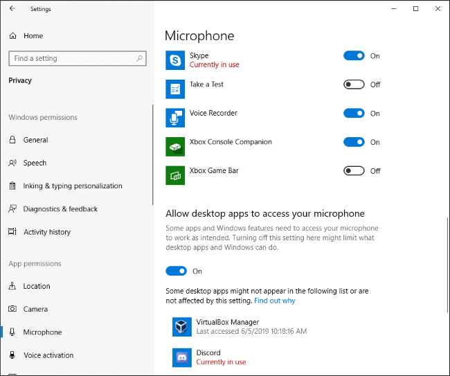 Which apps are currently using your mic in Windows 10's Settings app