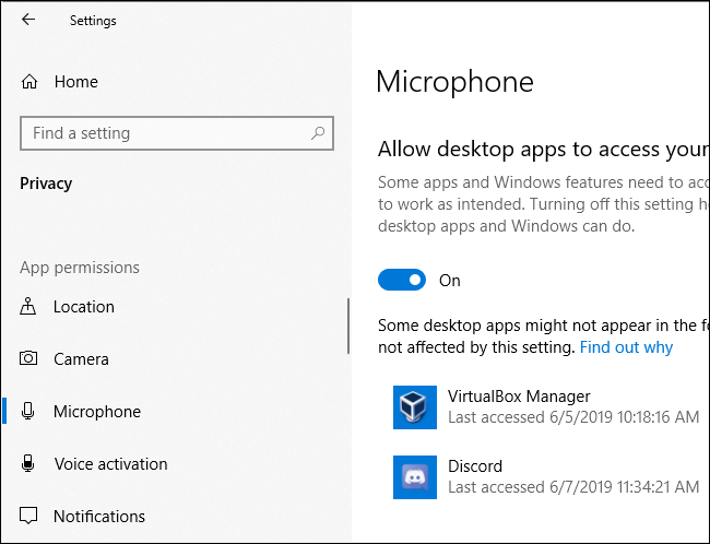 Windows 10's Microphone privacy pane showing when apps last accessed the PC's microphone