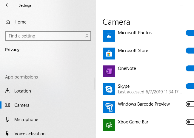 Windows 10 showing which applications have used your PC's camera