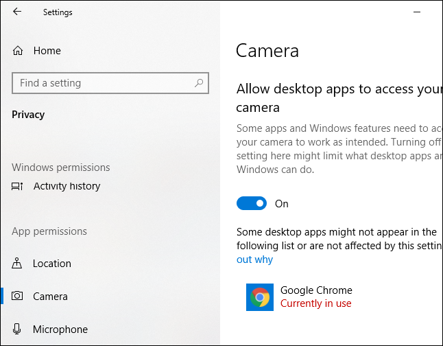 Windows 10 Camera settings showing which application is using your camera