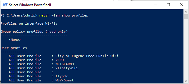 List of saved wireless profiles in PowerShell