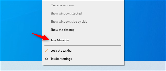 Task Manager option in the task bar's context menu on Windows 10