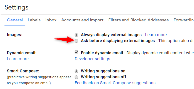 Option to disable external images and thus email tracking in Gmail