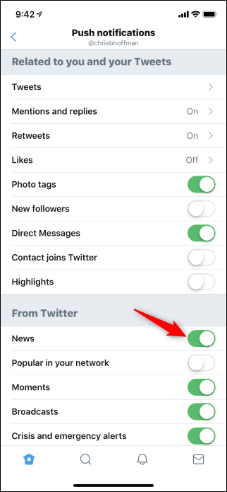 Option to disable Twitter News for You push notifications in iPhone app