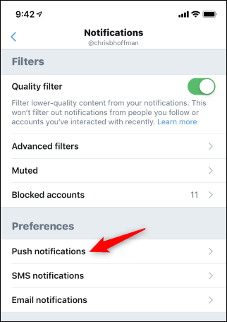 Opening Twitter push notification options on mobile