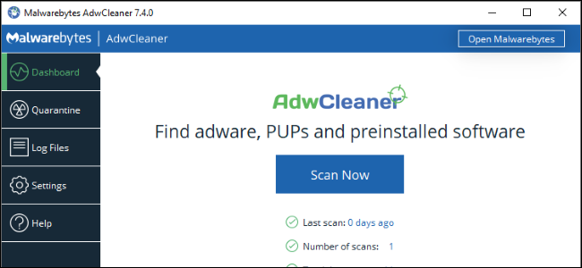 Malwarebytes AdwCleaner dashboard interface
