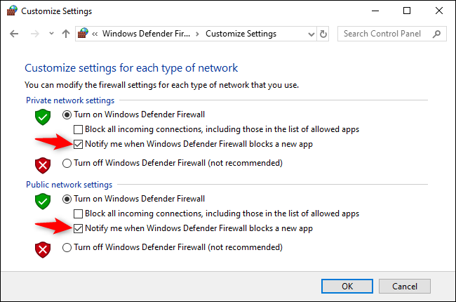 Uncheck the Notify me when Windows Defender Firewall blocks a new app option under both Private and Public Network Settings.