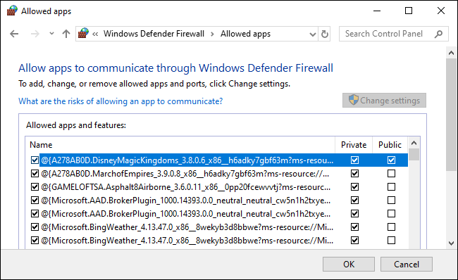 A Windows Defender Firewall allowed apps list.