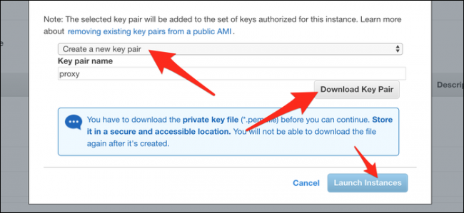  Click Create a New Key Pair, and then click Download Key Pair. After it downloads, click Launch Instances.