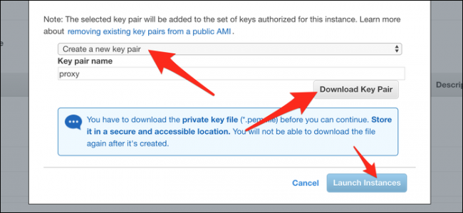 Click Create a New Key Pair, and then click Download Key Pair. After it downloads, click Launch Instances.