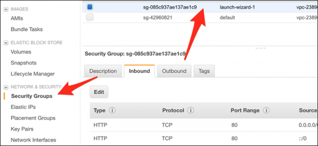 Click the Security Groups tab, and then select the group (probably Launch-Wizard-1) your instance is using.