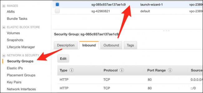 Click the Security Groups tab, and then select the group (probably Launch-Wizard-1) your instance is using. 