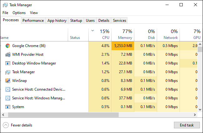 Windows 10's Task Manager showing running processes.