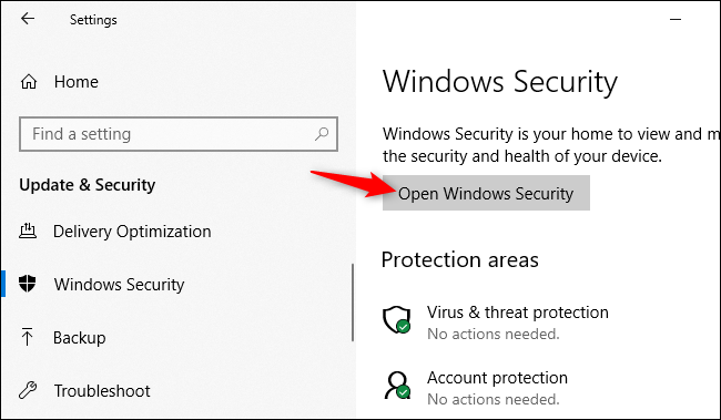 Opening the Windows Security application from Windows 10's Settings.