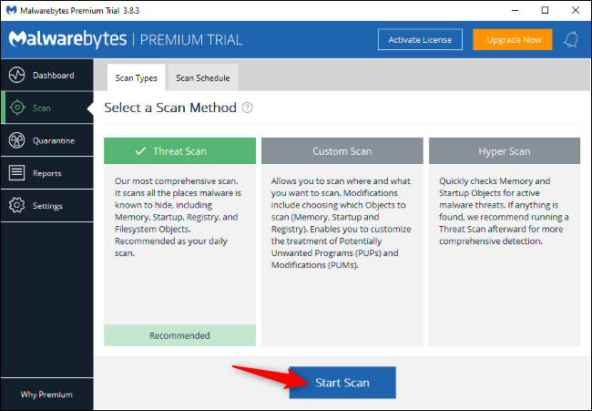 Scanning for malware with Malwarebytes on Windows.