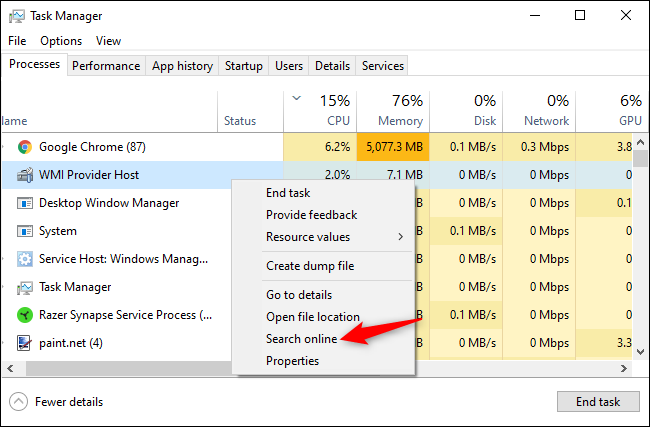 Searching for a process's name online from the Windows Task Manager.