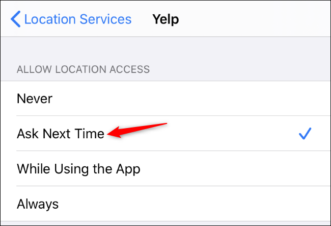 iPhone location permissions showing the Yelp app set to Ask Next Time.