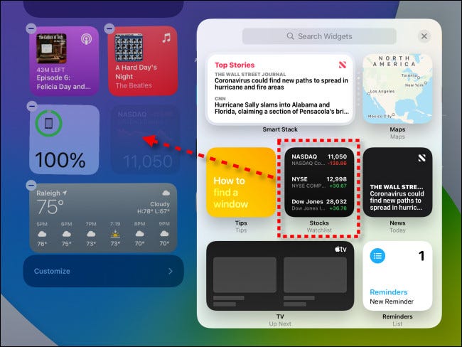 To add a widget to Today View, tap and drag it into place on iPadOS 14.