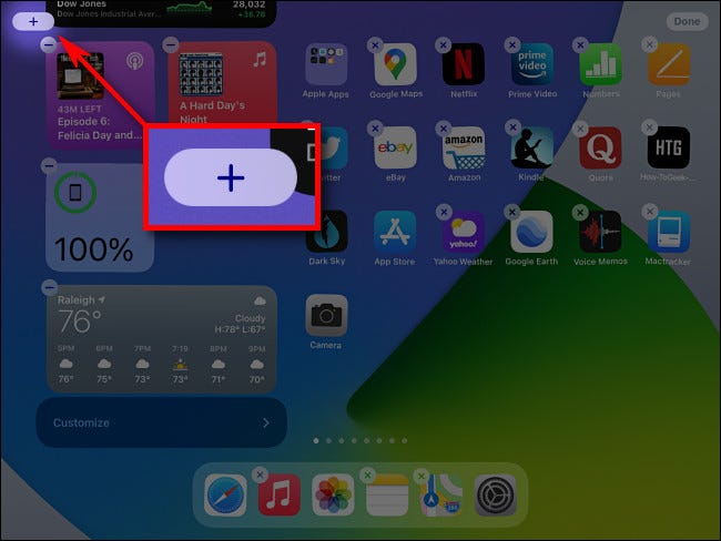 While editing the Today View, tap the plus button to add widgets in iPadOS 14.
