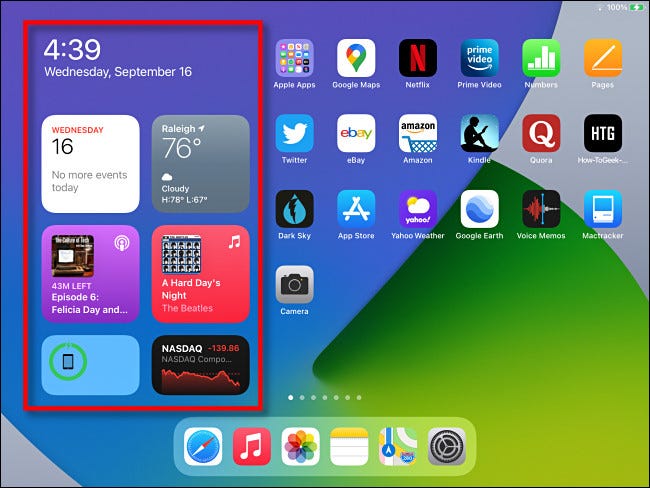 The Today View widget area as seen on the iPad Home Screen in iPadOS 14.