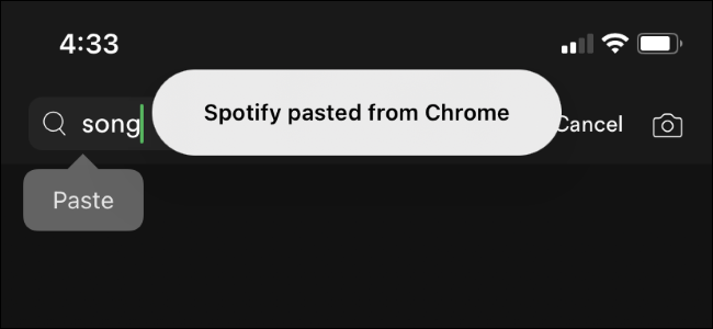 A banner saying Spotify pasted from Chrome on an iPhone