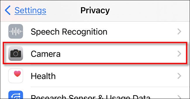 In iPhone Privacy settings, tap Camera.