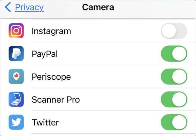An example list of iPhone apps that can access your camera in Privacy Settings.