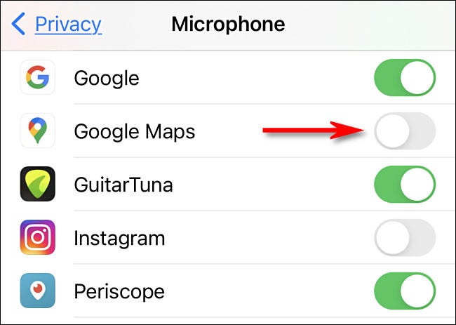 In iPhone Settings, to grant or revoke access to your microphone, tap the switch beside the app in the list.