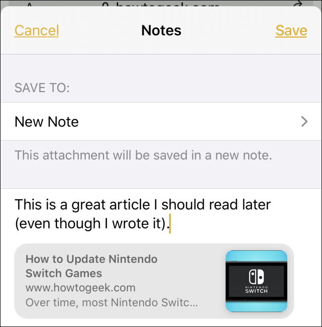 Sharing a link from Safari to a note on iPhone
