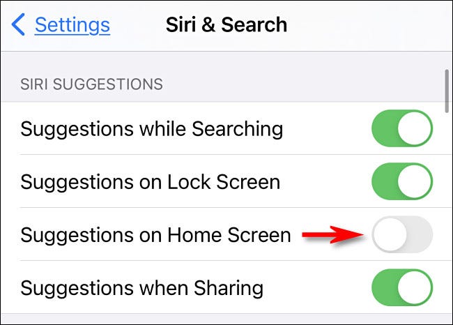 In iPhone or iPad settings, flip the switch beside Suggestions on Home Screen to turn it off.