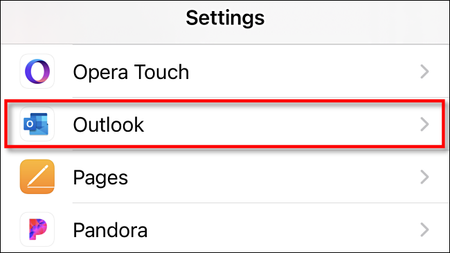 In iPhone Settings, tap Outlook.