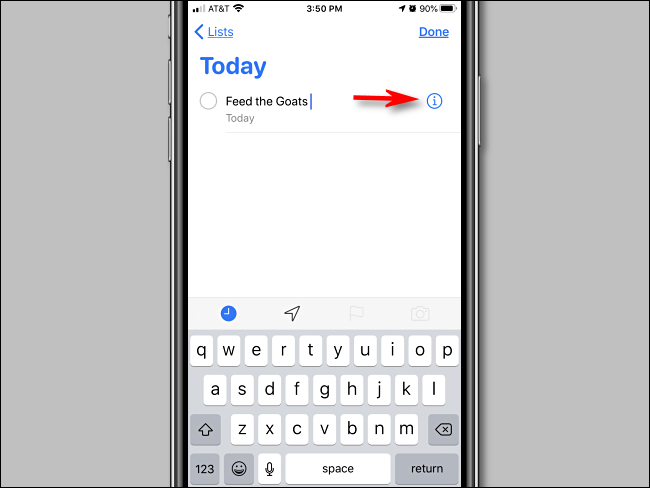 Tap info button in Reminders app on iPhone