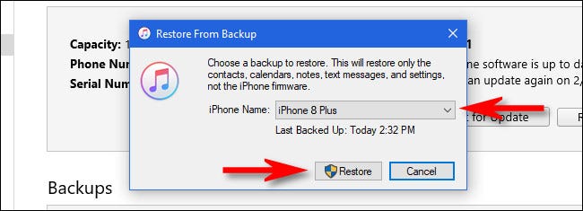 In iTunes, select a backup from the menu, then click Restore.