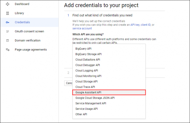 Select Google Assistant API in the Which API Are You Using? drop-down menu.