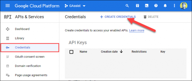Select Credentials, and then click Create Credentials.