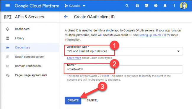 Click Other or TVs and Limited Input Devices under Application Type, type a name, and then click Create.