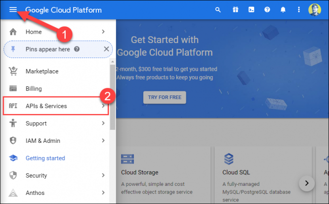 Click the hamburger menu, and then select APIs and Services.