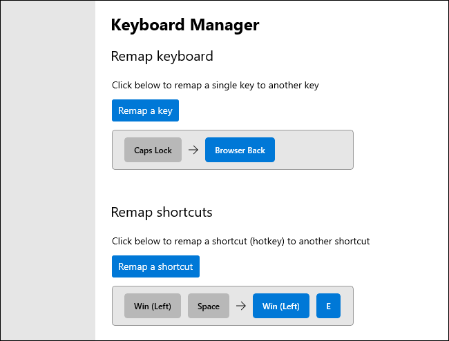 Remapping keys and keyboard shortcuts in the Keyboard Manager PowerToy.