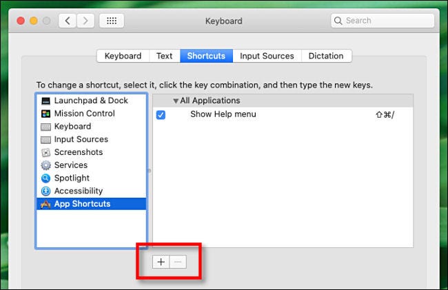 Click the plus sign (+) to add a keyboard shortcut.