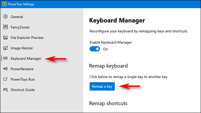 Click Keyboard Manager in the sidebar, and then click Remap a key.