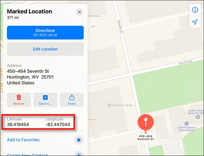 Latitude and Longitude shown in Apple Maps on iPad