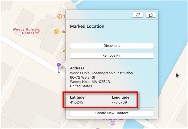 In the marked location info window on Apple Maps on Mac, you'll see the latitude and longitude.