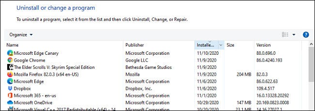 A list of installed programs in Windows Control Panel.